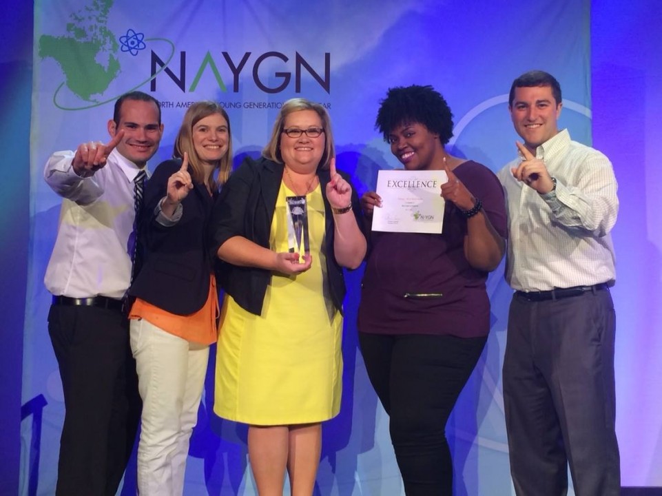 Pictured Left to Right: Orlando Rivera Luna, 2014 RBS Chapter Chair; Natalie Wood, Entergy Southern Fleet NAYGN Vice President; Katie Damratoski, 2013 RBS Chapter Chair and 2014 Entergy Fleet NAYGN President; Shonique Miller, 2014 Innovation Competition Presenter; and Rob Barrios, 2014 RBS Chapter Co-Chair. 